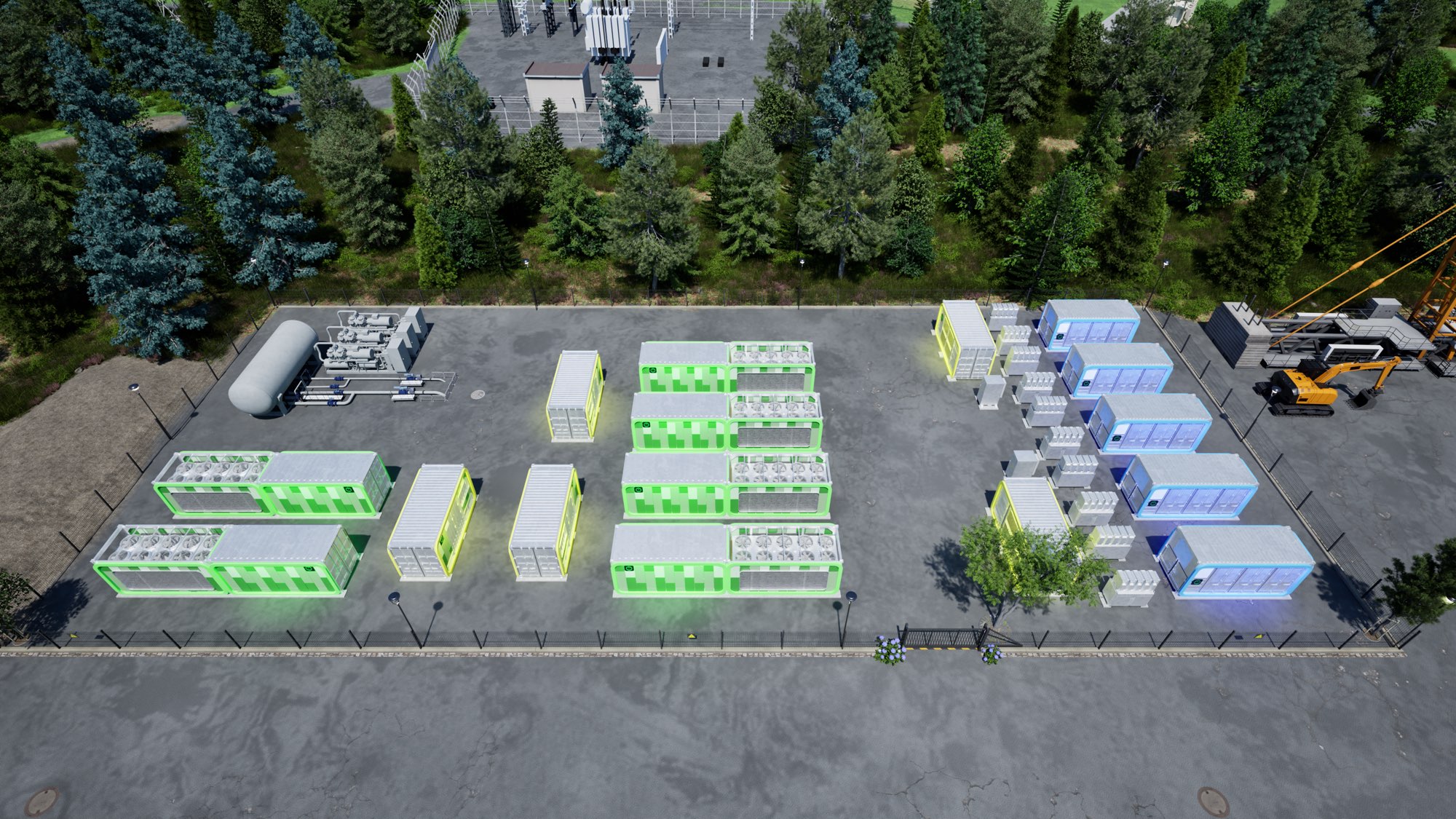 Riveon archive project rendering showing modular compute infrastructure beside energy equipment.